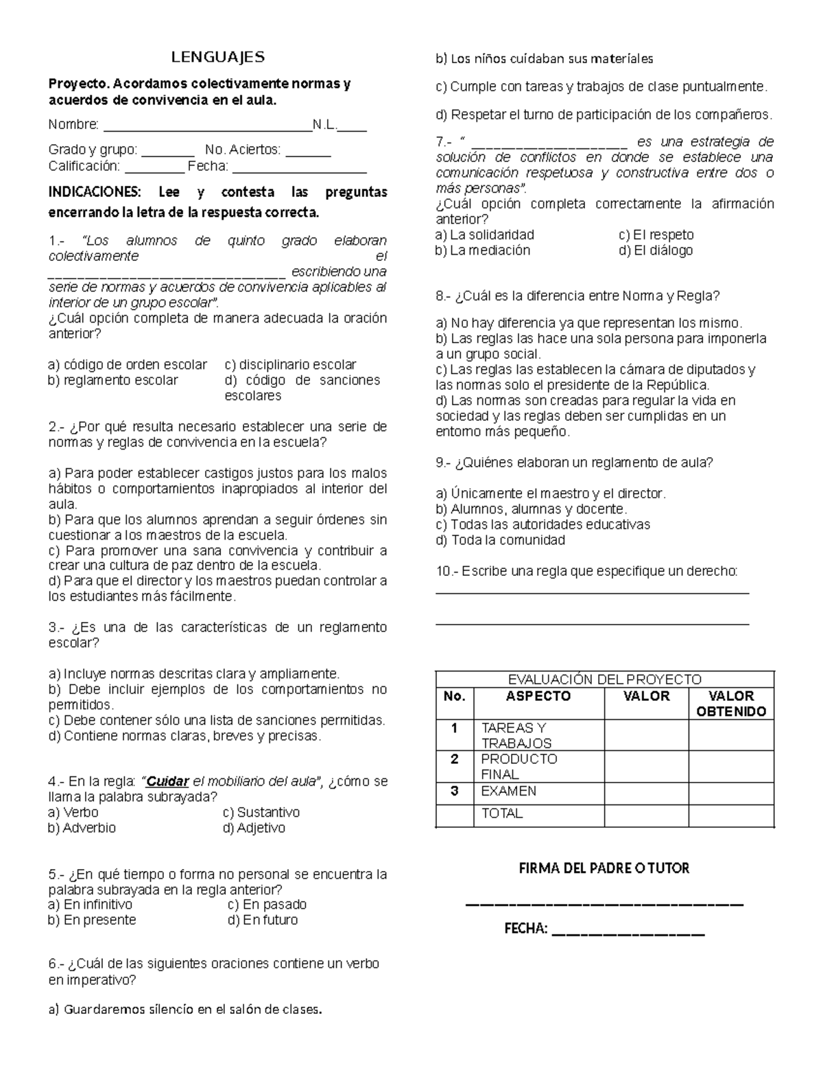 5C. Examen sobre Normas y Acuerdos de Convivencia - Studocu