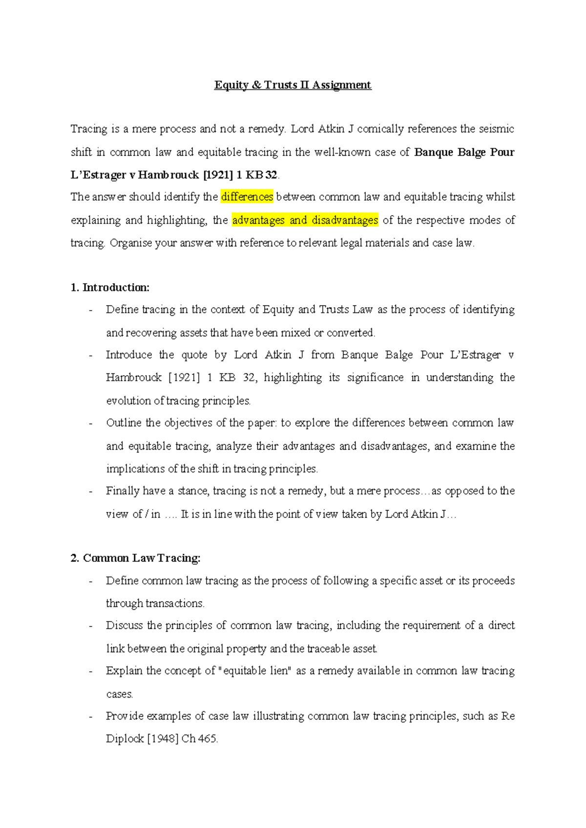 Equity Trusts II Assignment: Tracing in Common Law vs. Equitable ...