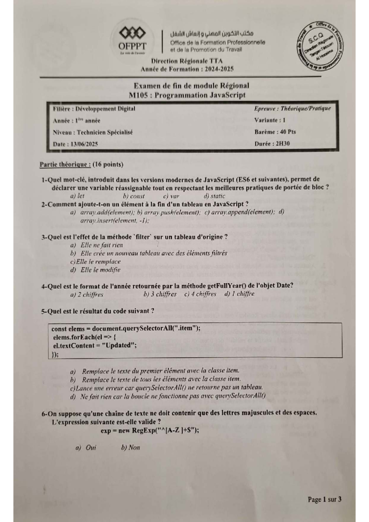 Examen de Fin de Module M105 : Programmation JavaScript - 1ère Année ...