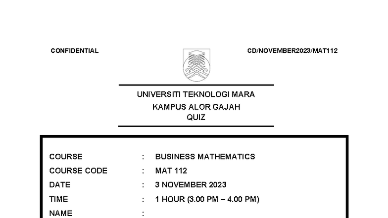 Quiz MAT112: Business Mathematics Questions - 3 Nov 2023 - Studocu