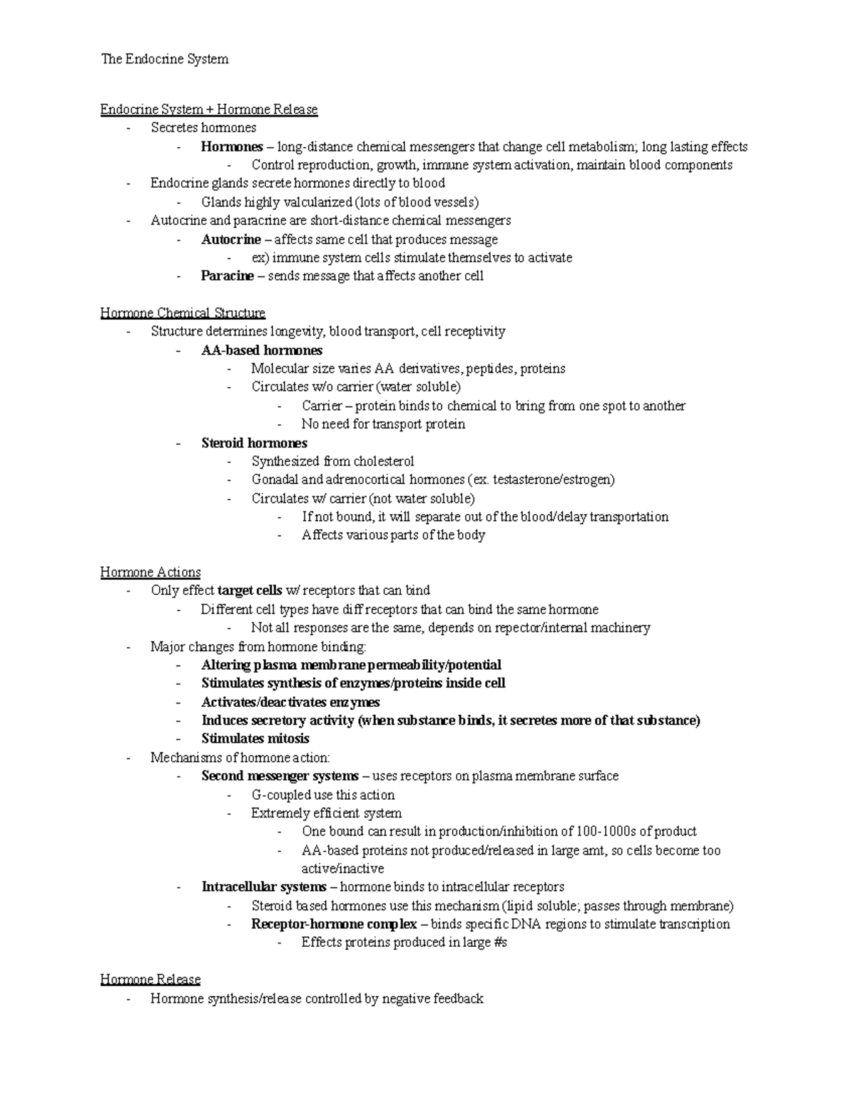 Anatomy II Notes - Chapter 17: The Endocrine System Overview - Studocu