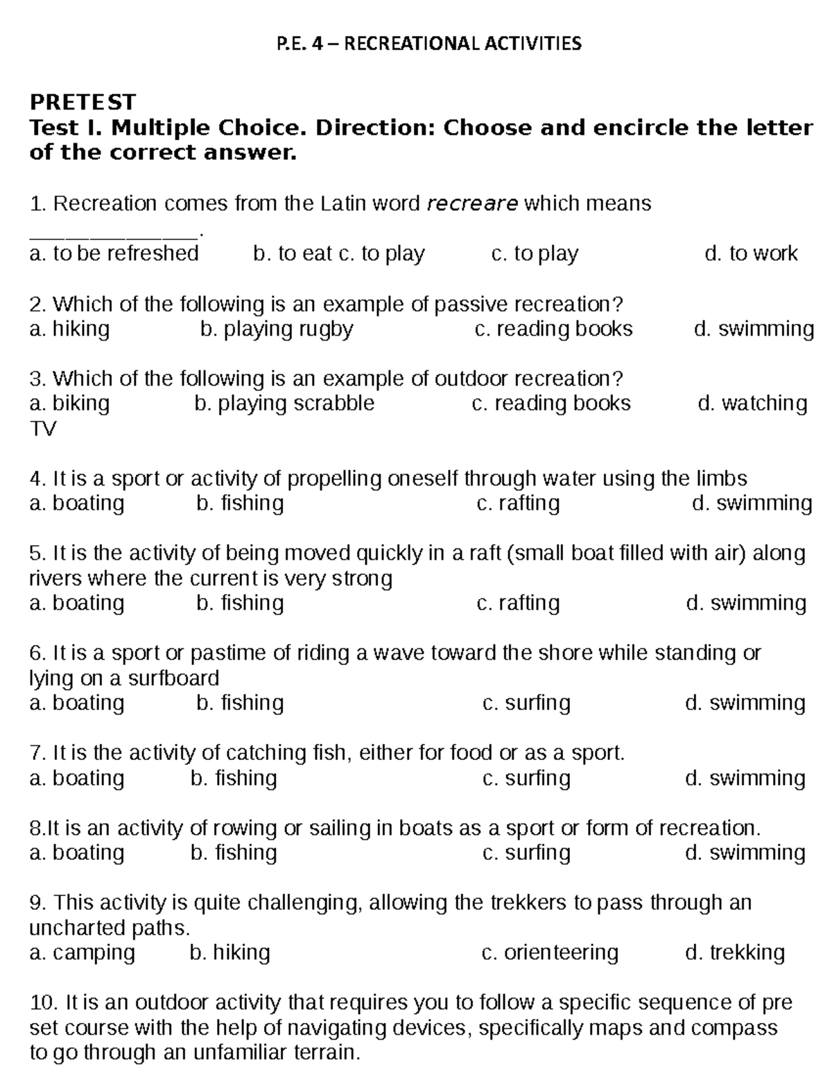 P.E. 4 - Lesson on Recreational Activities and Their Benefits - Studocu