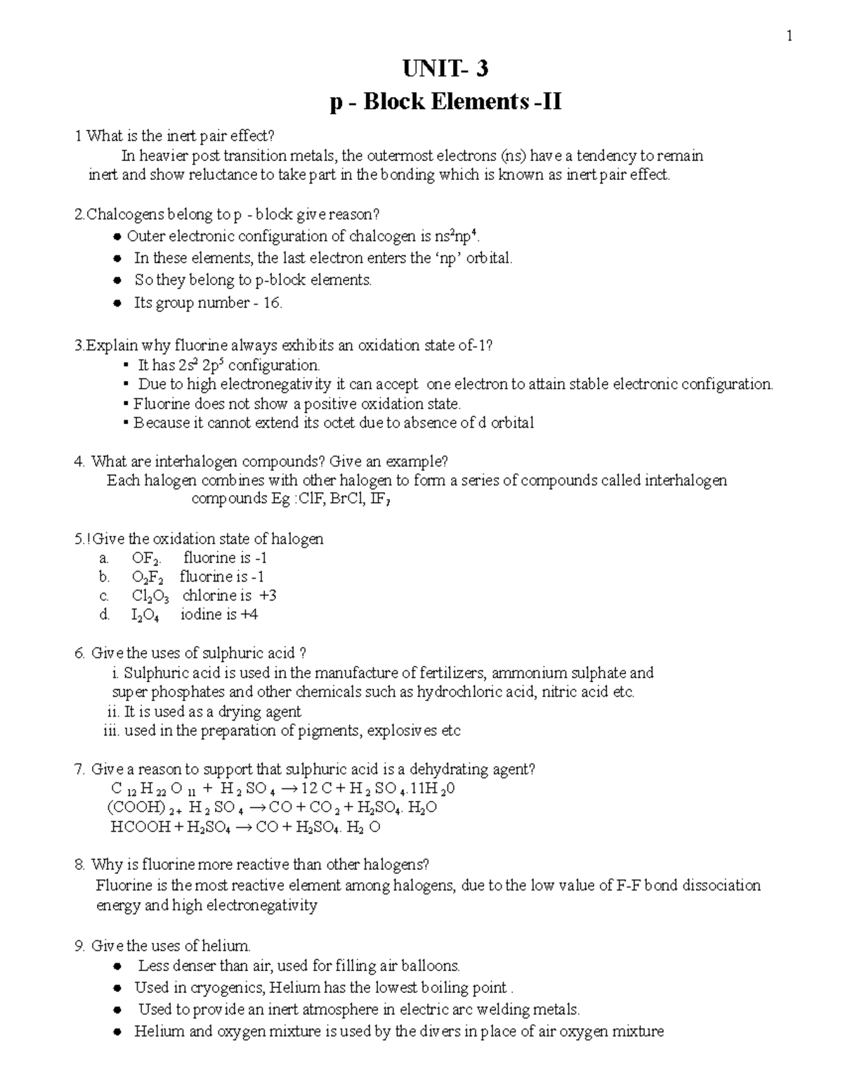 Unit 3 QnA: Inert Pair Effect & p-Block Elements Insights - Studocu