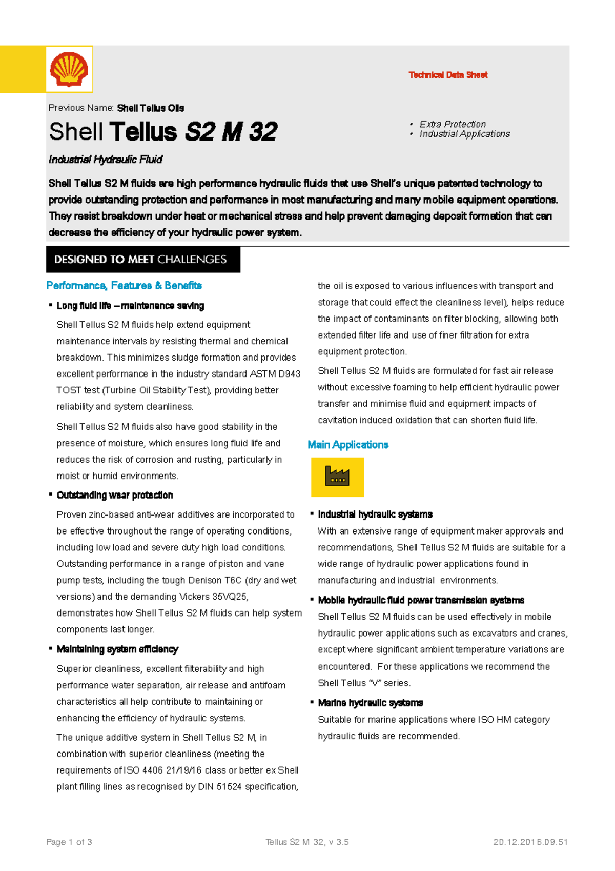 Shell Tellus S2 M 32 - Technical Data Sheet for Hydraulic Fluid - Studocu