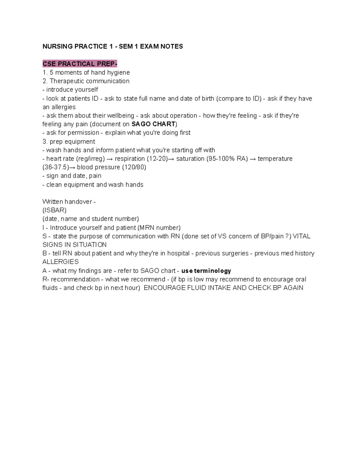 NURSING PRACTICE 1 SEM 1 EXAM NOTES: HAND HYGIENE & VITAL SIGNS - Studocu
