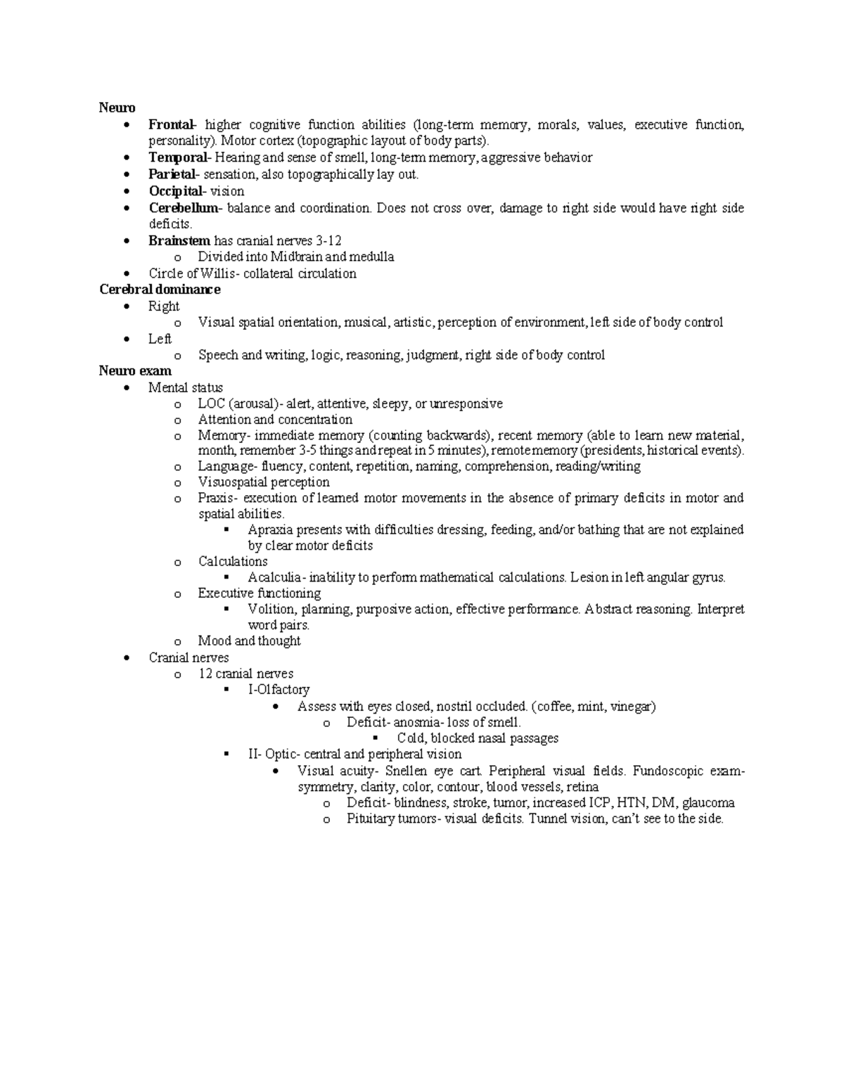 Neuro Exam 2 Study Guide: Cognitive Functions & Assessments - Studocu