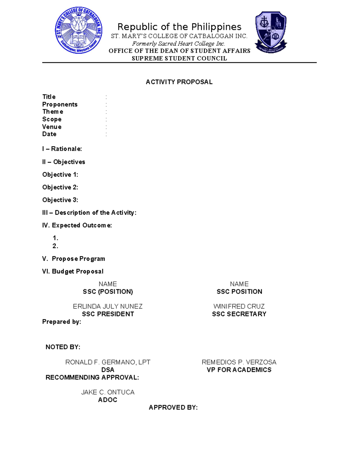 Activity Proposal Template for ST. MARY'S COLLEGE - SSC - Studocu