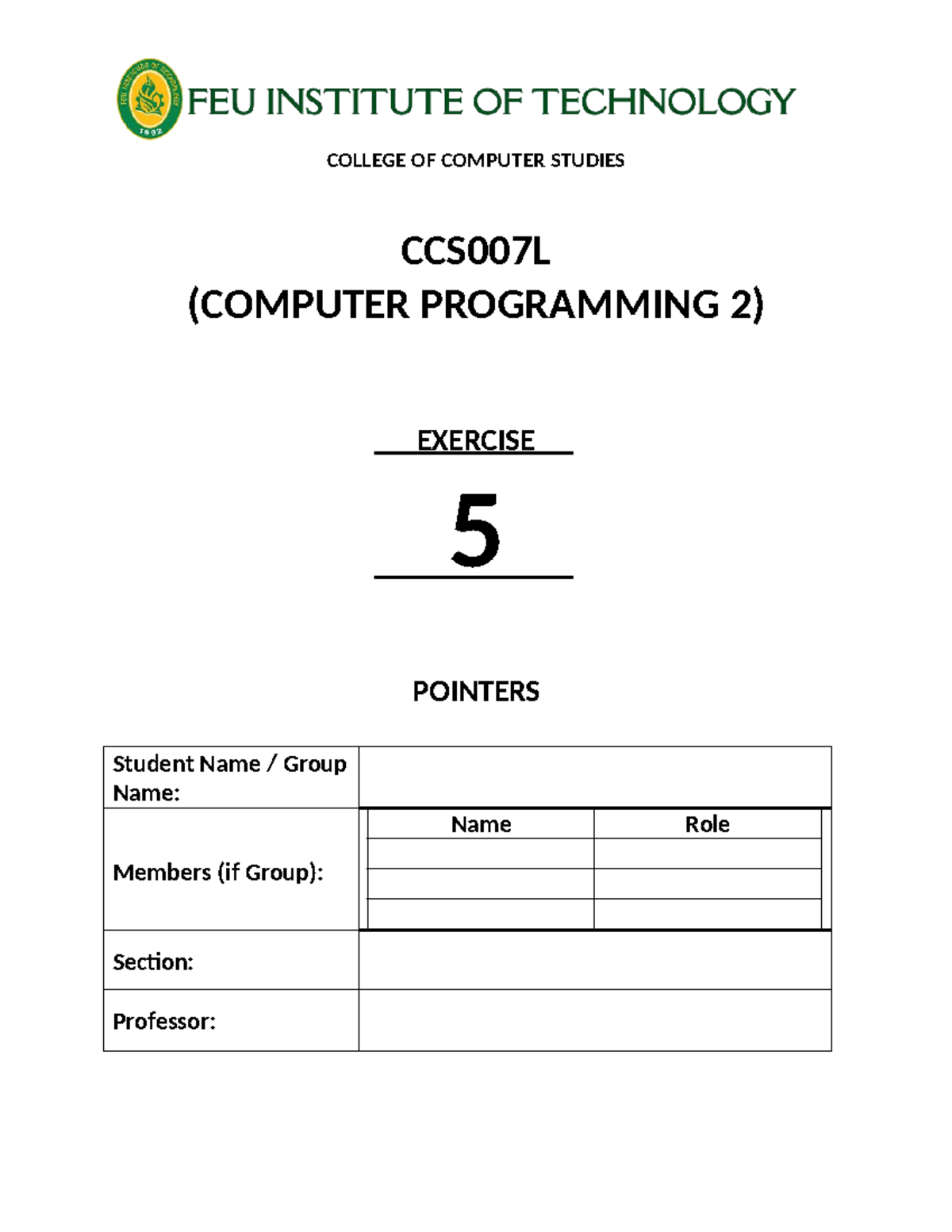 CCS007L - Laboratory Exercise 5: Pointers in Computer Programming - Studocu
