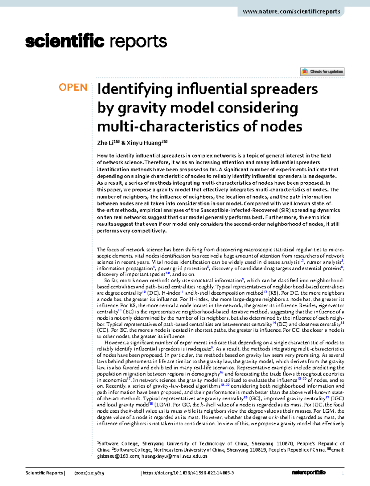 Identifying Influential Spreaders in Networks Using a Gravity Model ...