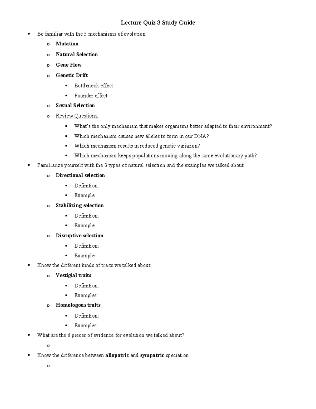 Evolution Mechanisms Lecture Quiz 3 Study Guide - Studocu