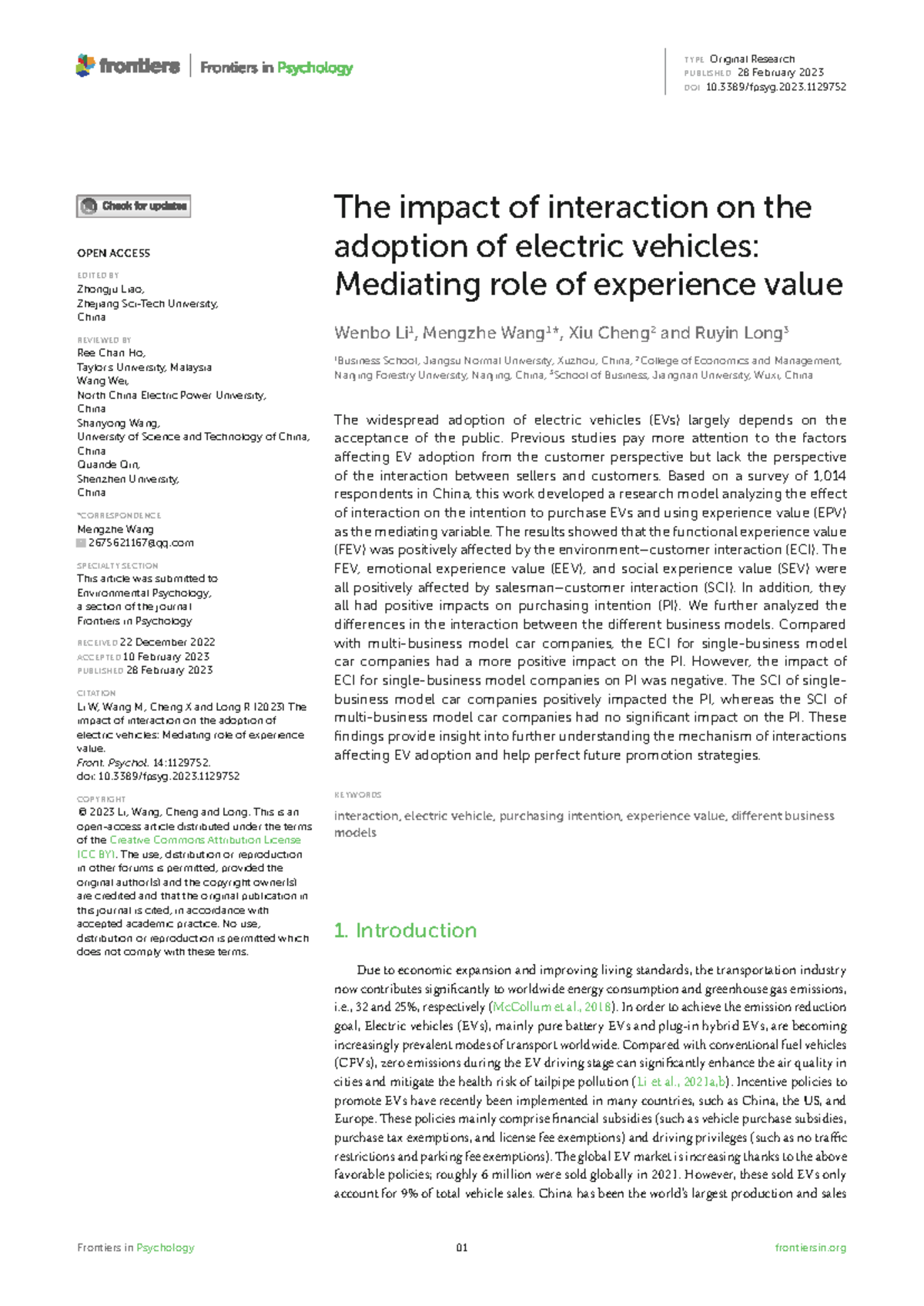The Impact of Interaction on Electric Vehicle Adoption: Mediating ...