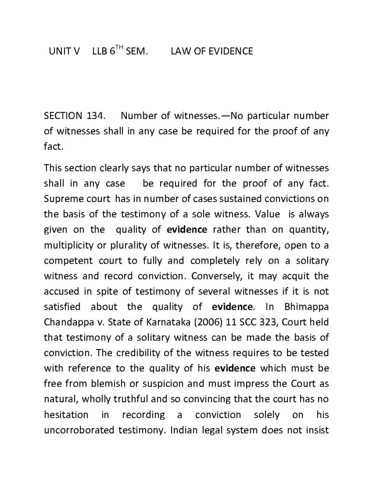 Evidence Law - Key Notes on Sections 134-153 (LLB 6th Sem) - Studocu