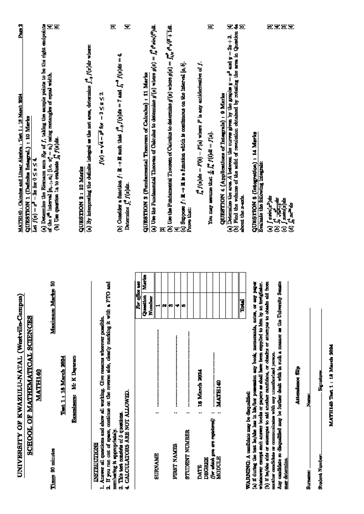 MATH140 Calculus & Linear Algebra Test 1 Paper - March 2024 - Studocu
