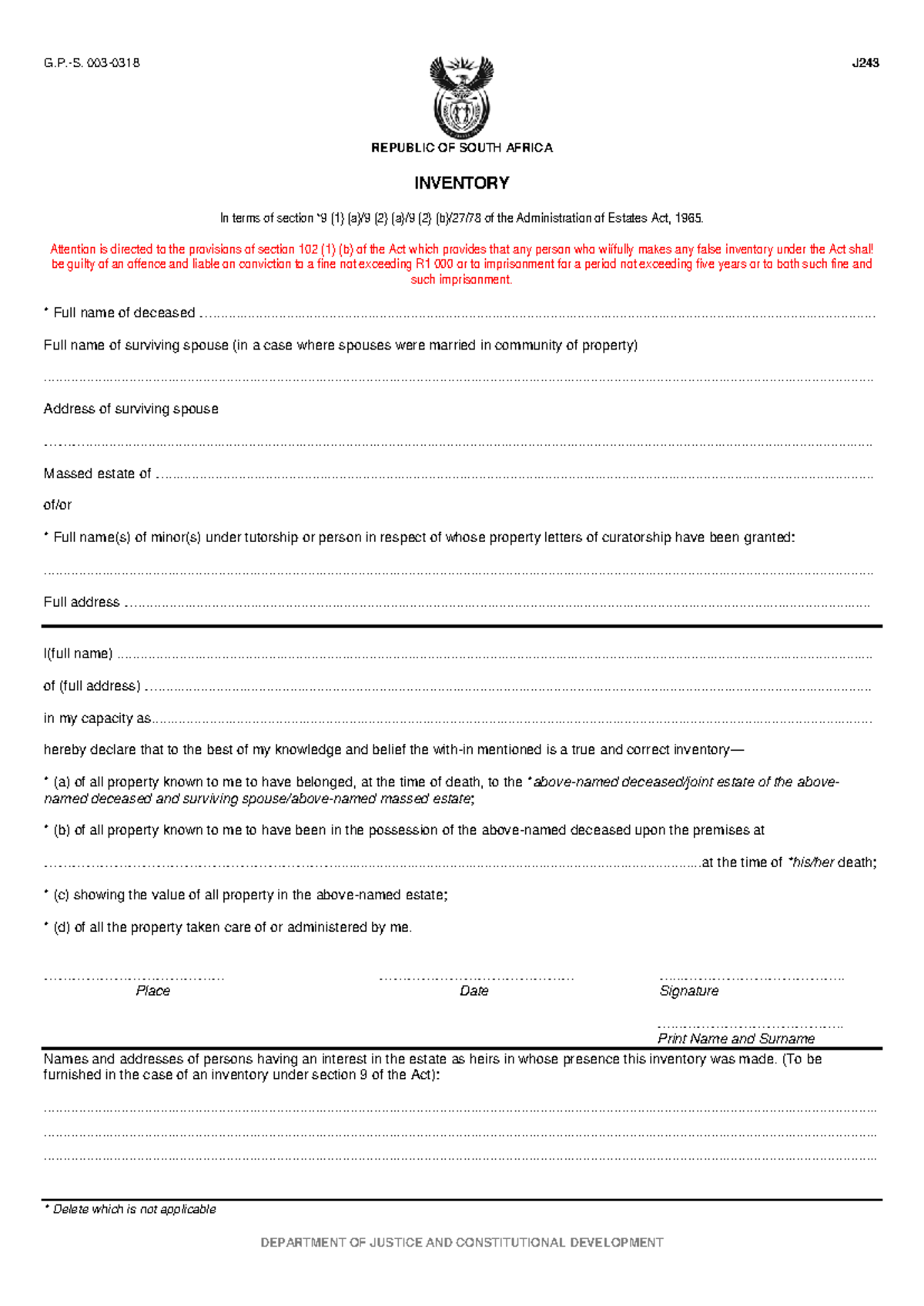 J243 Inventory of Estate Under Administration of Estates Act, 1965 ...