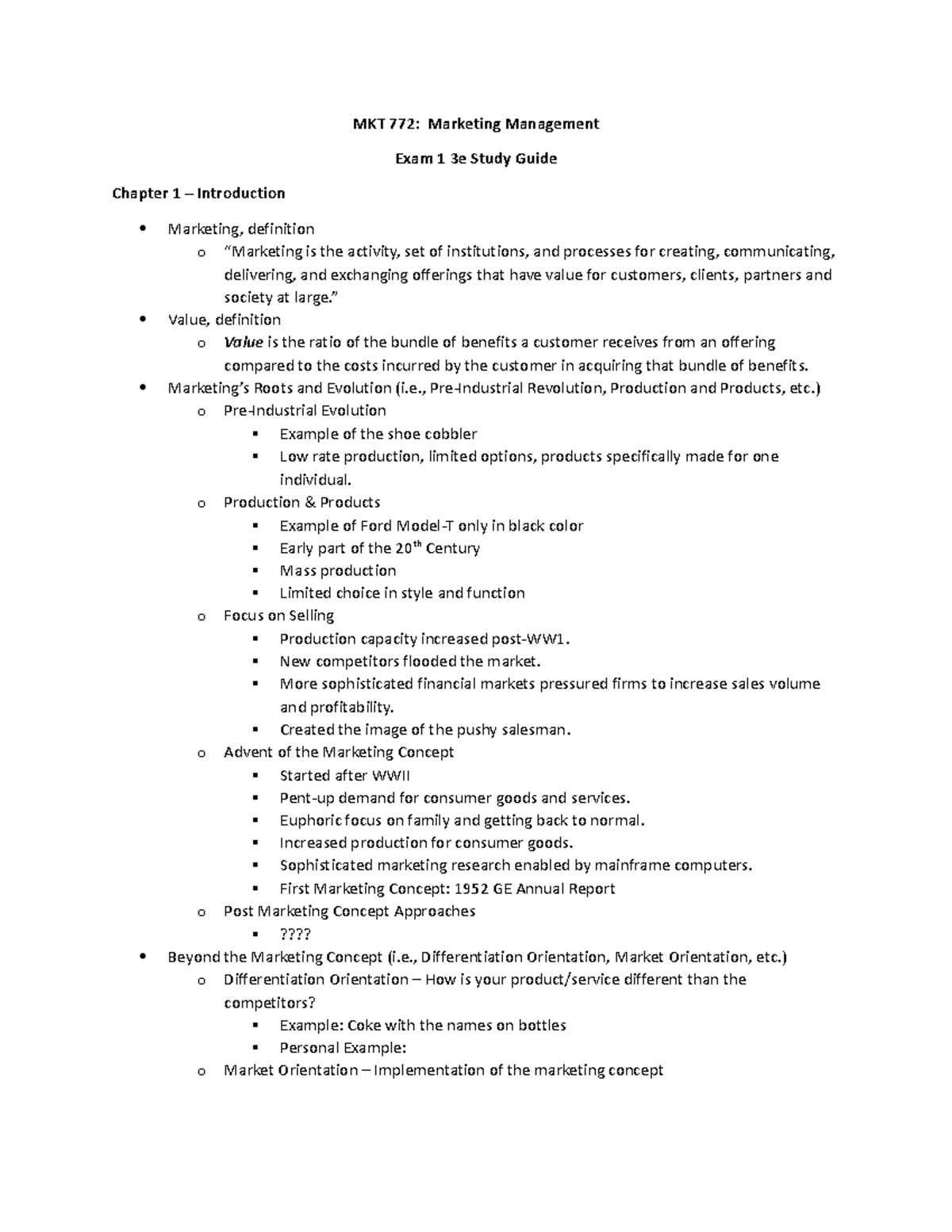 MKT 772 Exam 1 Study Guide: Marketing Management Concepts Explained ...