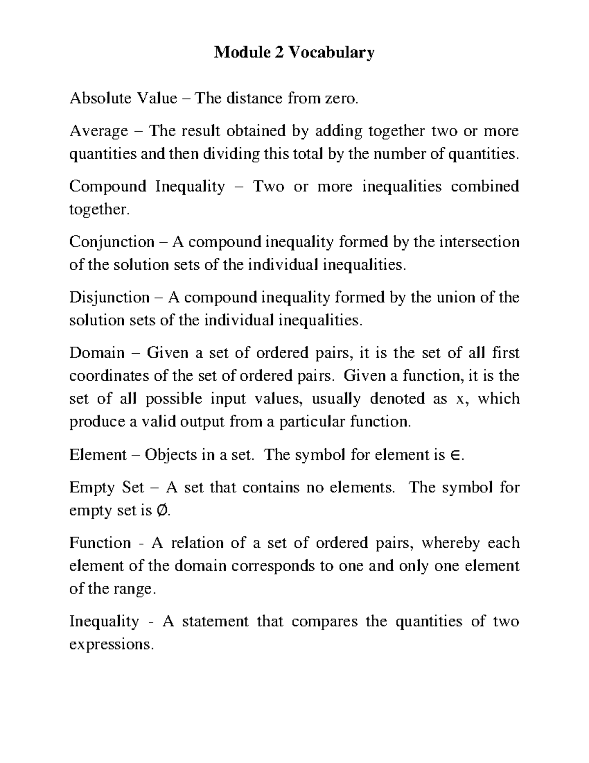 Module 2 Vocabulary: Definitions for Math Concepts - Studocu