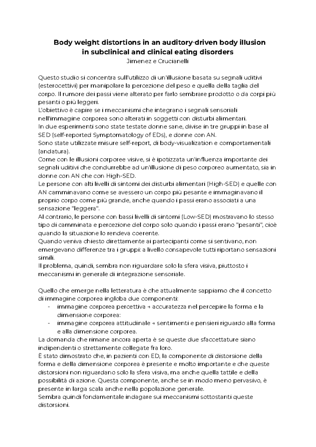 Body Weight Distortions in Auditory Body Illusions: EDs Study - Studocu