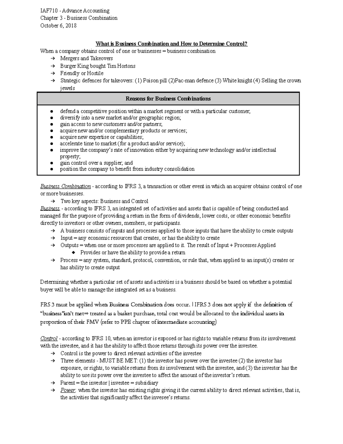IAF710 Final Exam Notes: Chapter 3 - Business Combination Overview ...