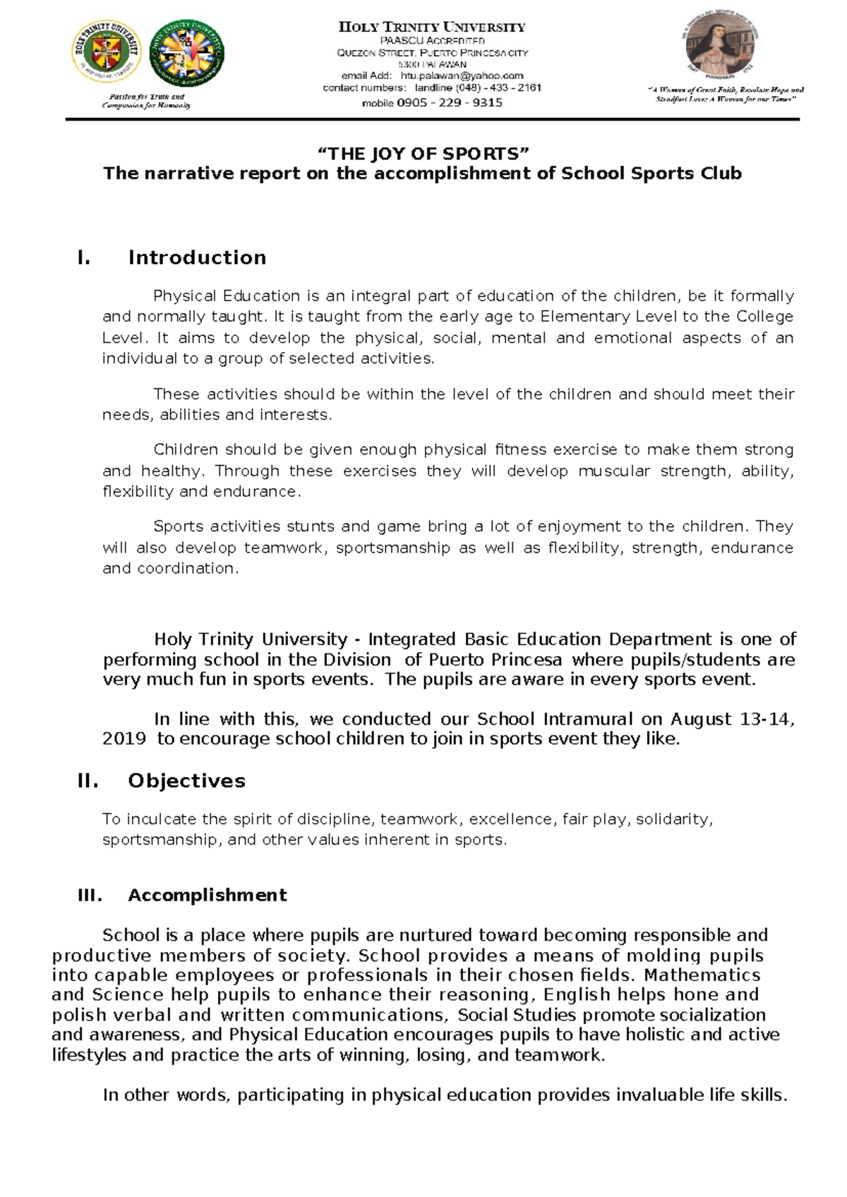 Accomplishment Report: School Sports Club Activities 2019 - Studocu