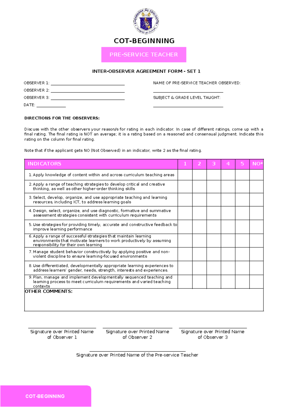 COT Beginning Set 1 Inter Observer Agreement Form - INTER-OBSERVER ...
