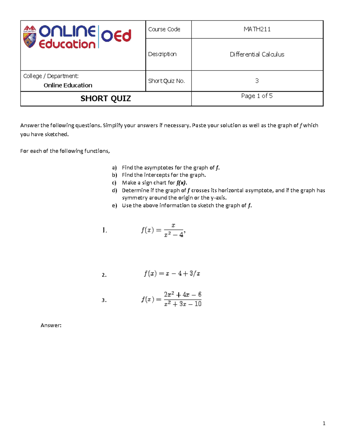 MATH211 Differential Calculus Short Quiz No. 3 - Studocu