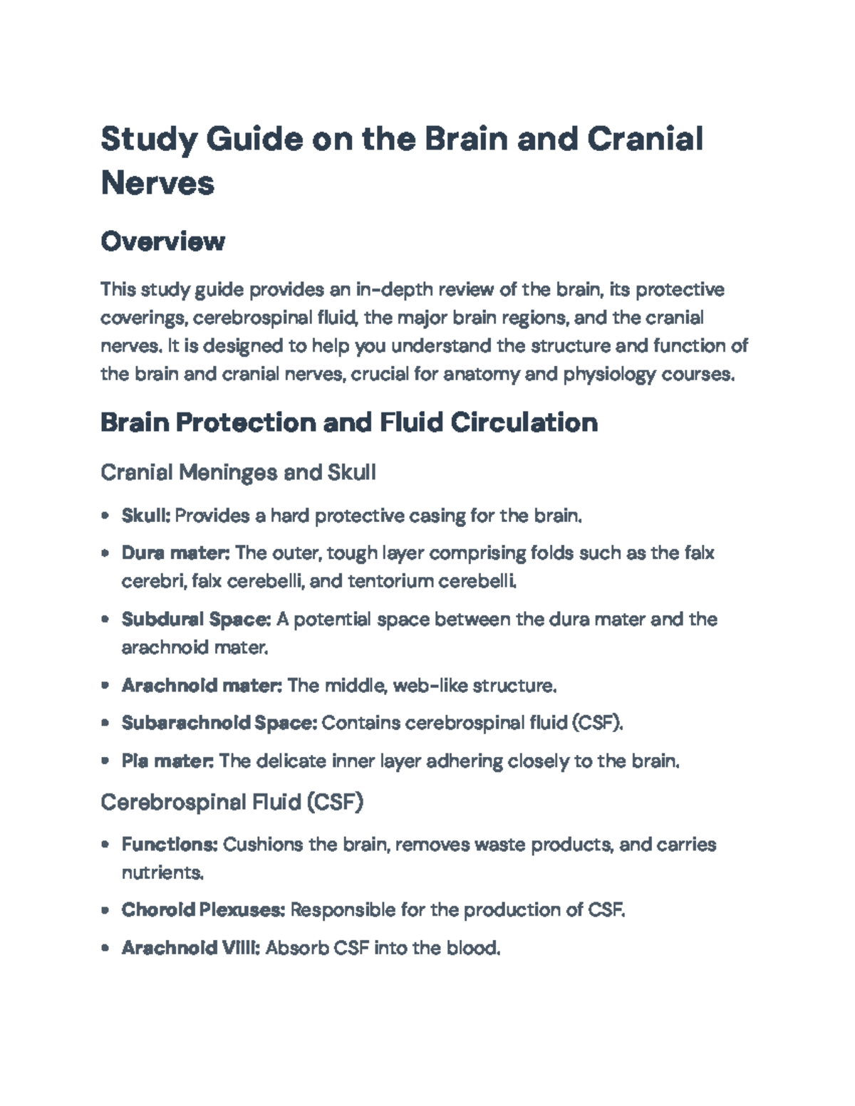 Study Guide for Brain and Cranial Nerves Anatomy (ANAT 101) - Study ...