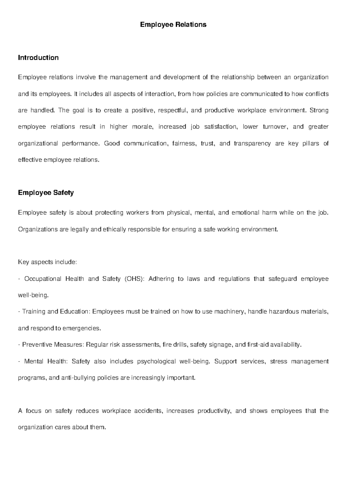 Employee Relations Report: Overview of Key Concepts and Practices - Studocu