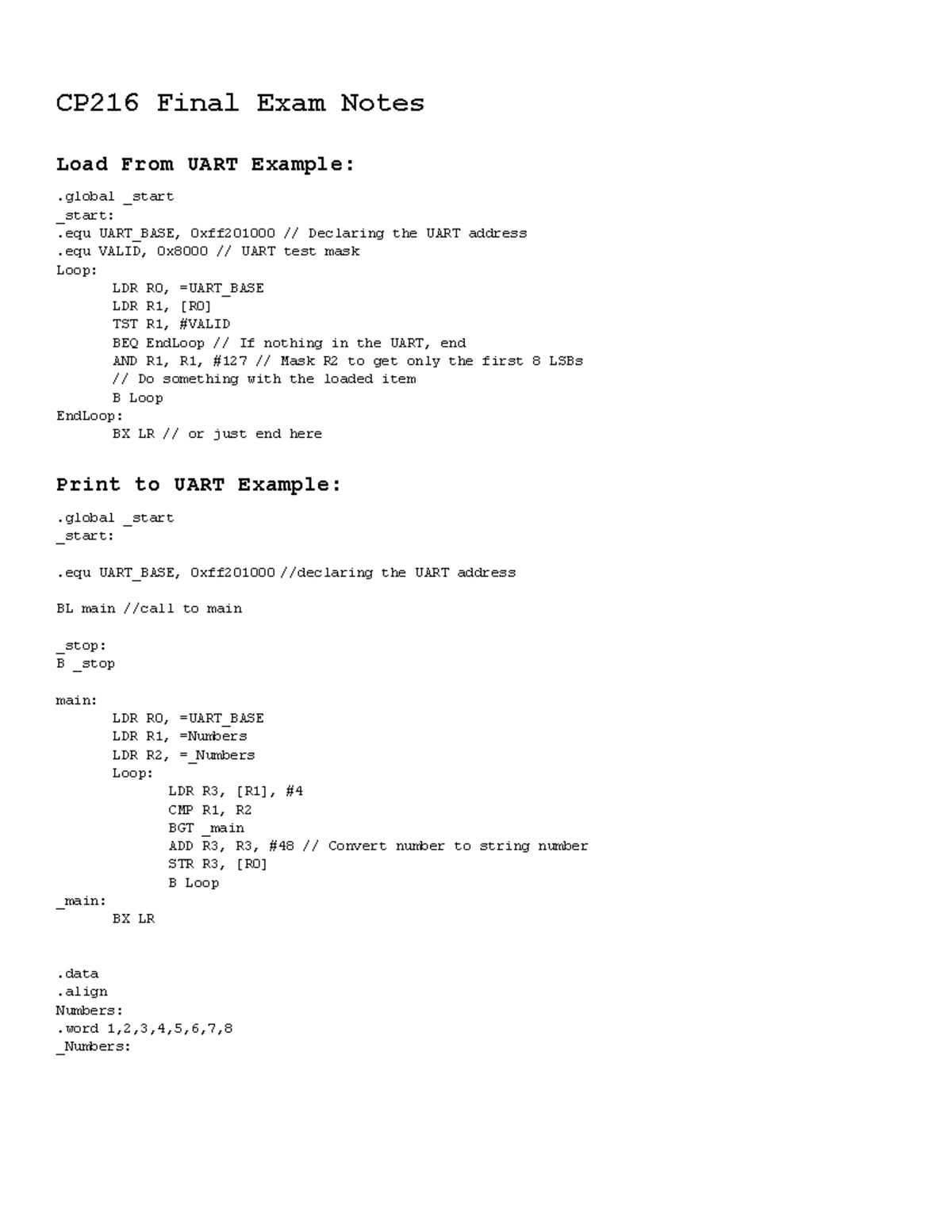 CP216 Final Exam Cheat Sheet: UART and Stack Implementations - Studocu