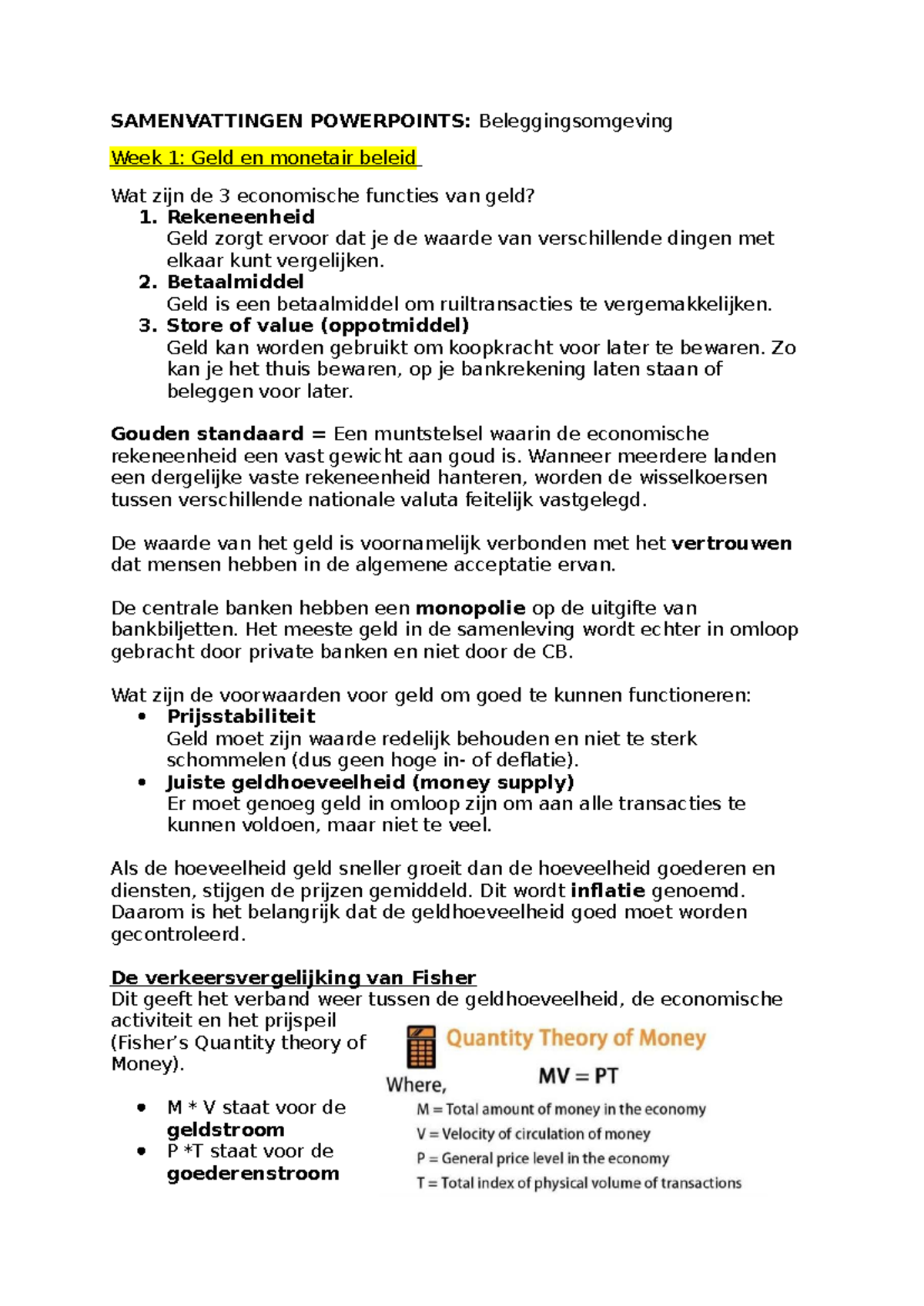 Samenvattingen Beleggingsomgeving Week 1-6: Geld, Risico & Duurzaam ...