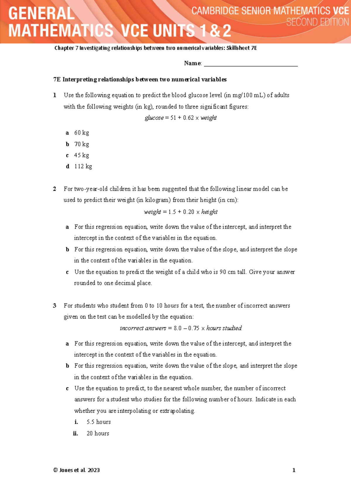 Chapter 7 Skillsheet 7E: Analyzing Numerical Variable Relationships ...