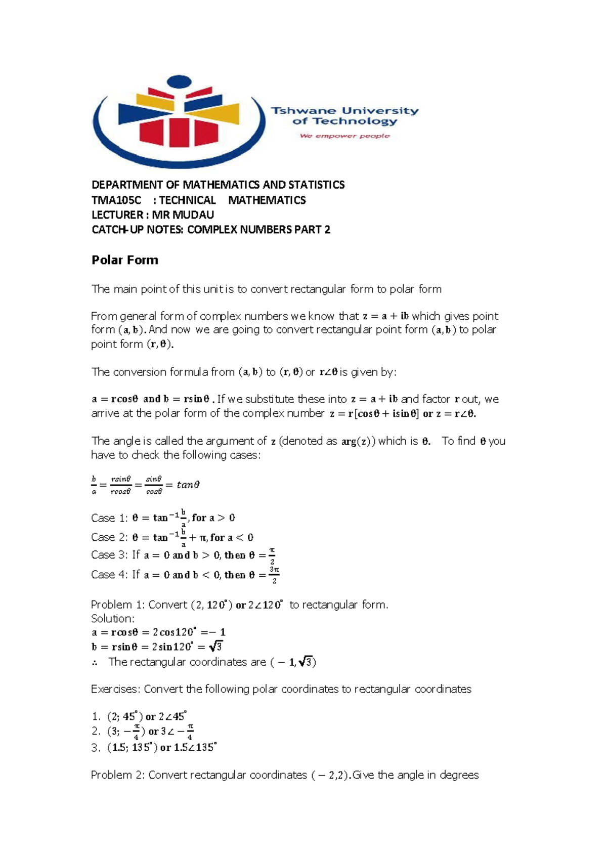 TMA105C: Technical Mathematics - Complex Numbers Part 2 Notes - Studocu