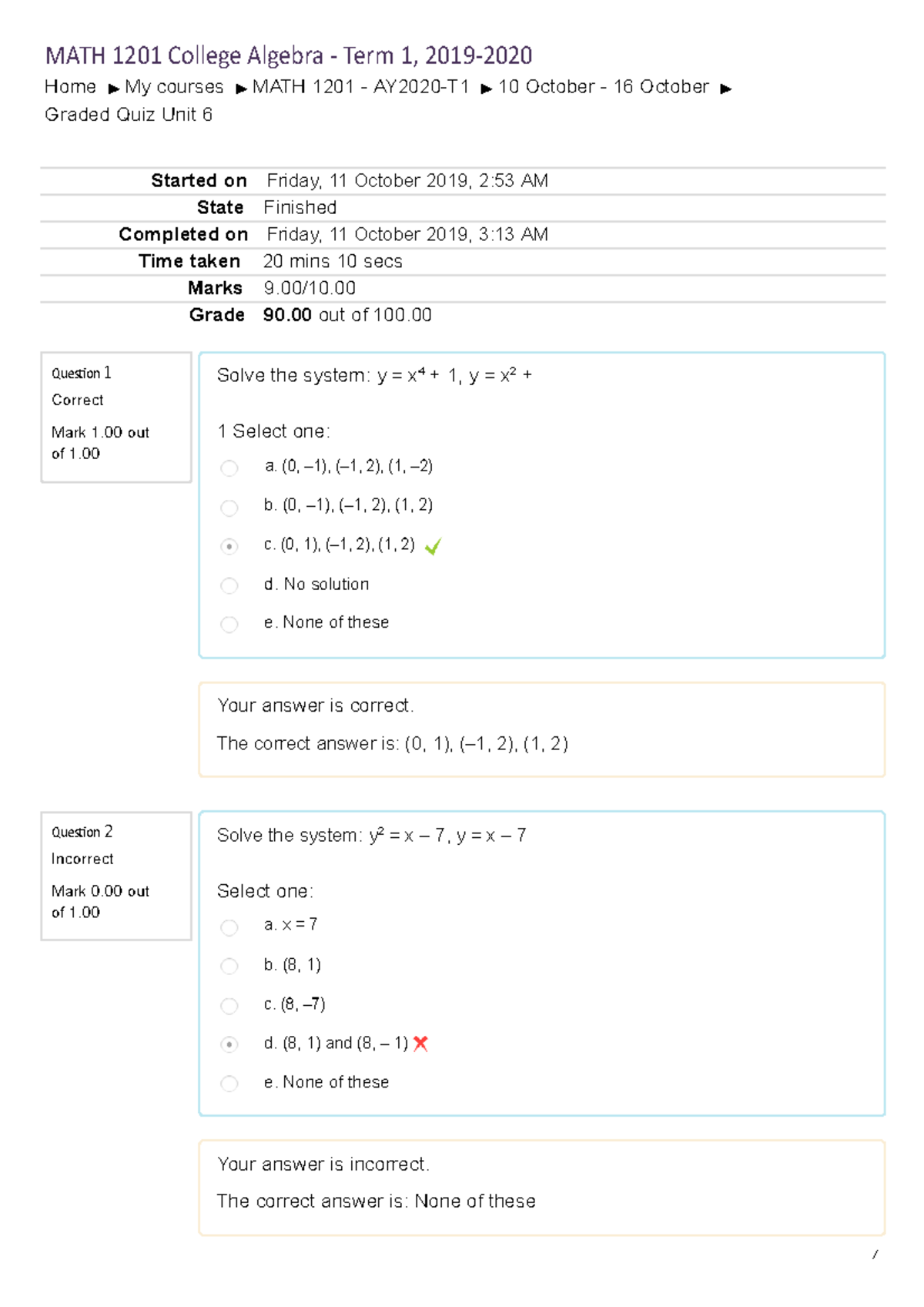 Graded Quiz Results for MATH 1201 - Unit 6 - Studocu