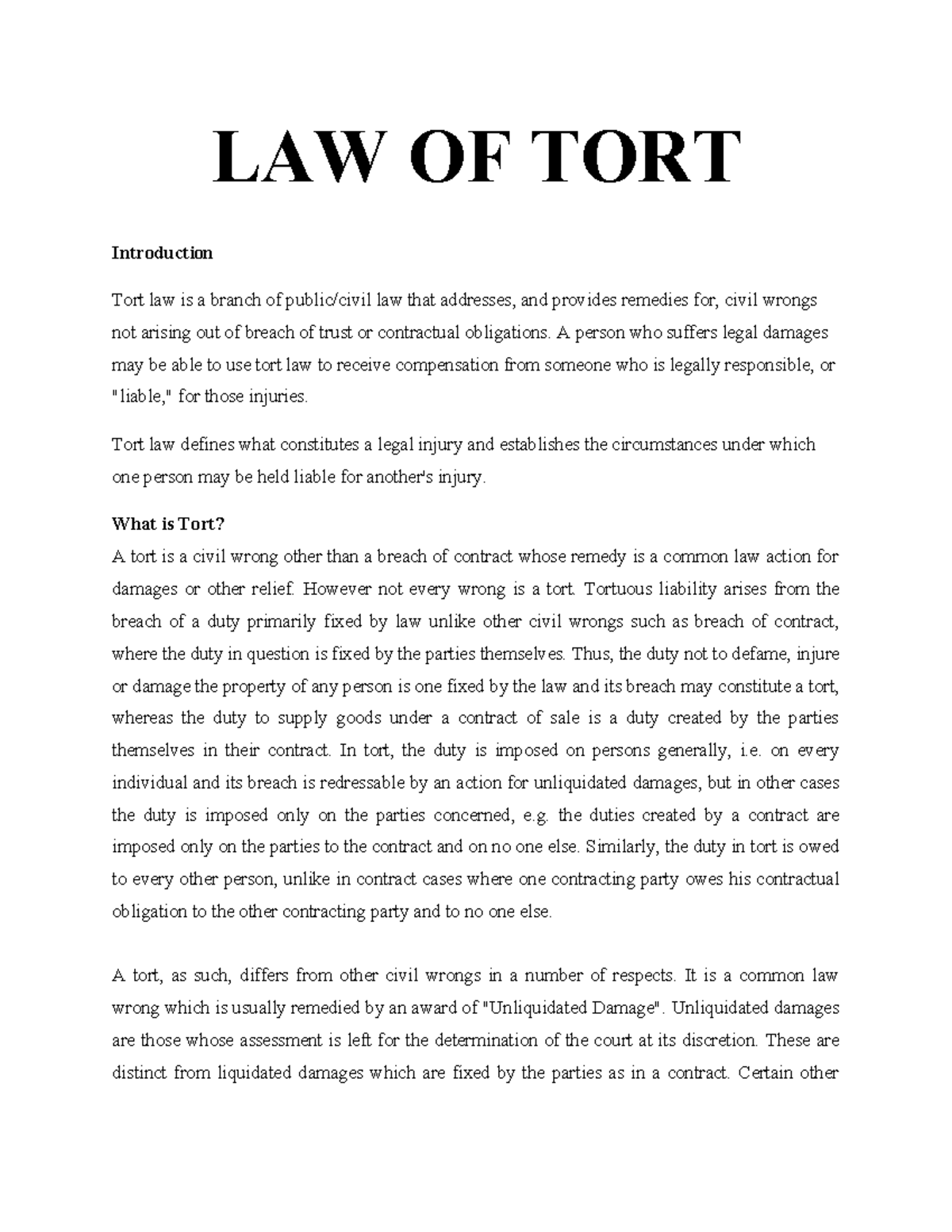 LAW OF TORT 1 - Comprehensive Overview of Tort Law Principles - Studocu