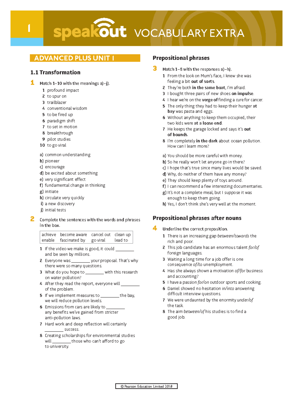 Speakout Vocabulary Extra Advanced Plus: Unit 1 Insights - Studocu