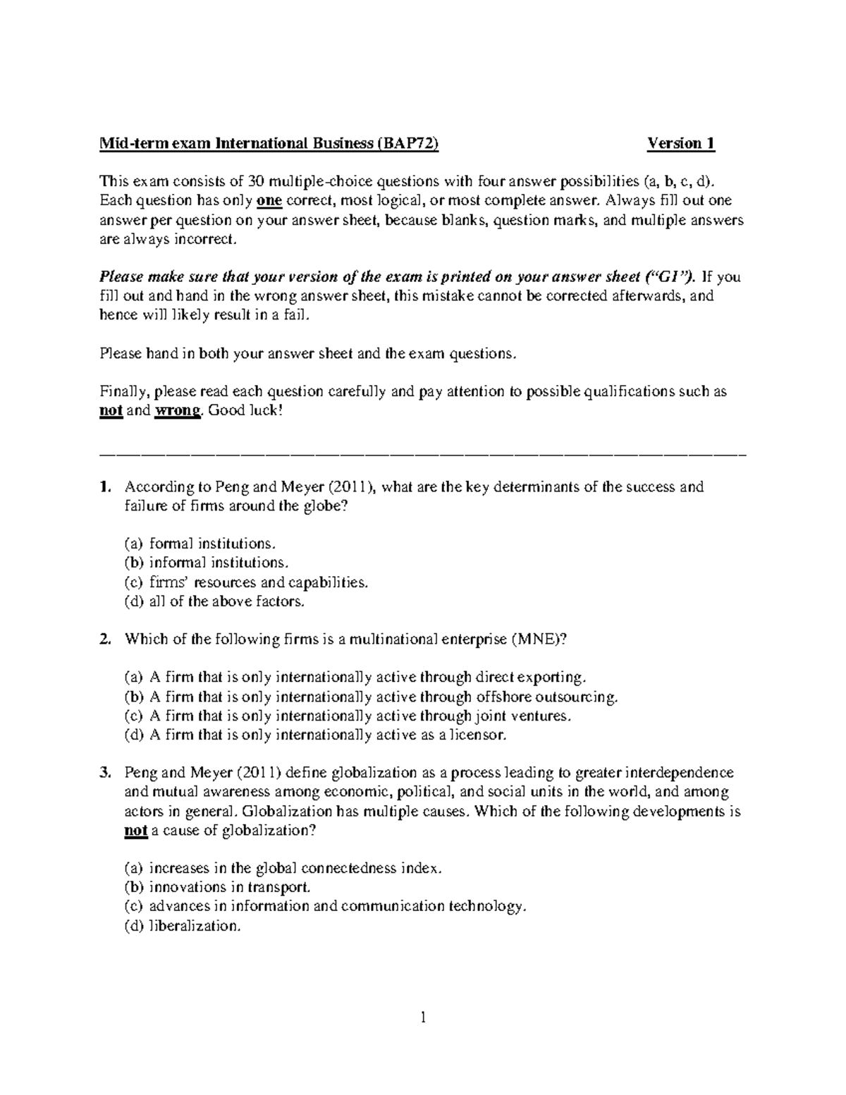 Midterm Exam Guide for International Business (BAP72) April 2014 ...