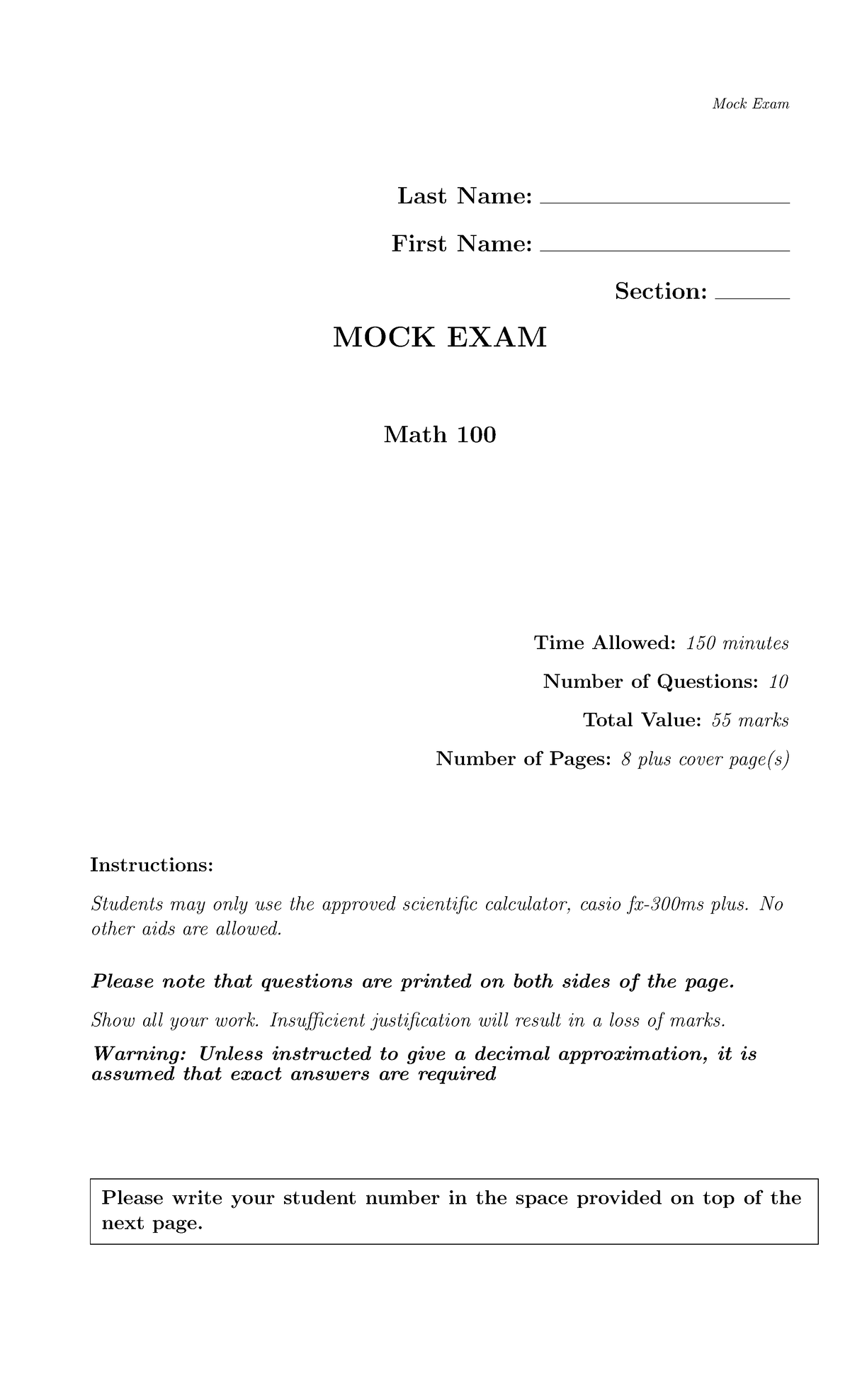 MA100 Mock Final Exam Document: Math 100 Mock Exam Overview - Studocu