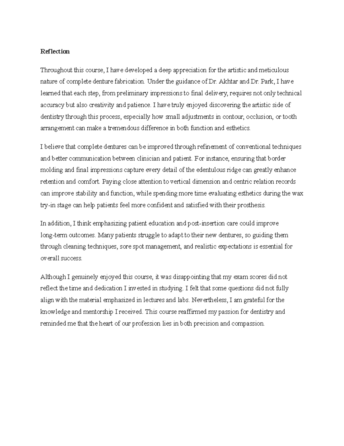 CD Written Reflection on Complete Denture Fabrication - Studocu