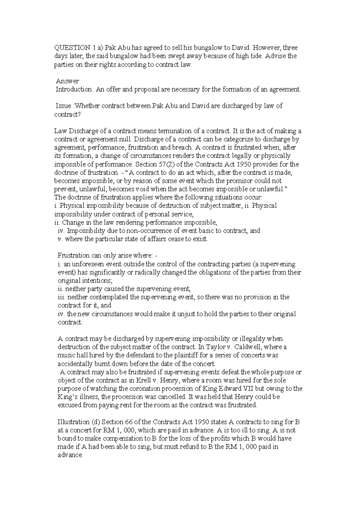 LAW 240: Contract Law Analysis on Frustration in Sale Agreement - Studocu