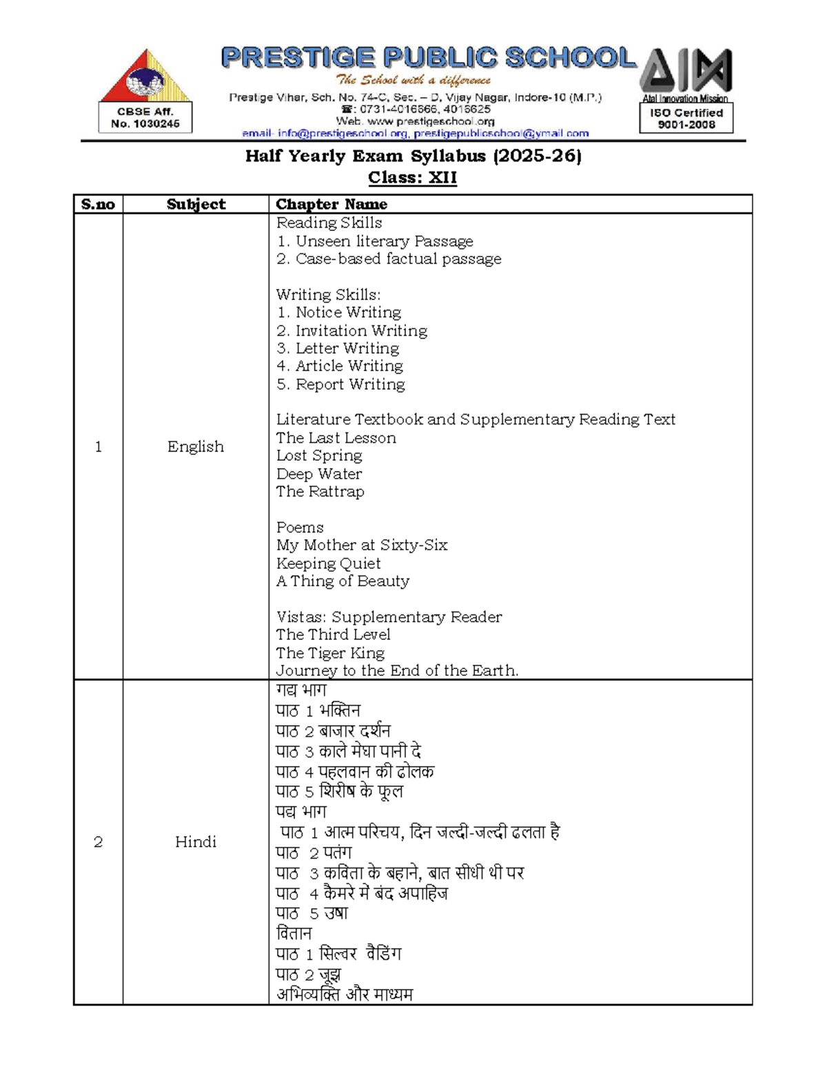 Class XII Half Yearly Exam Syllabus Overview - Studocu