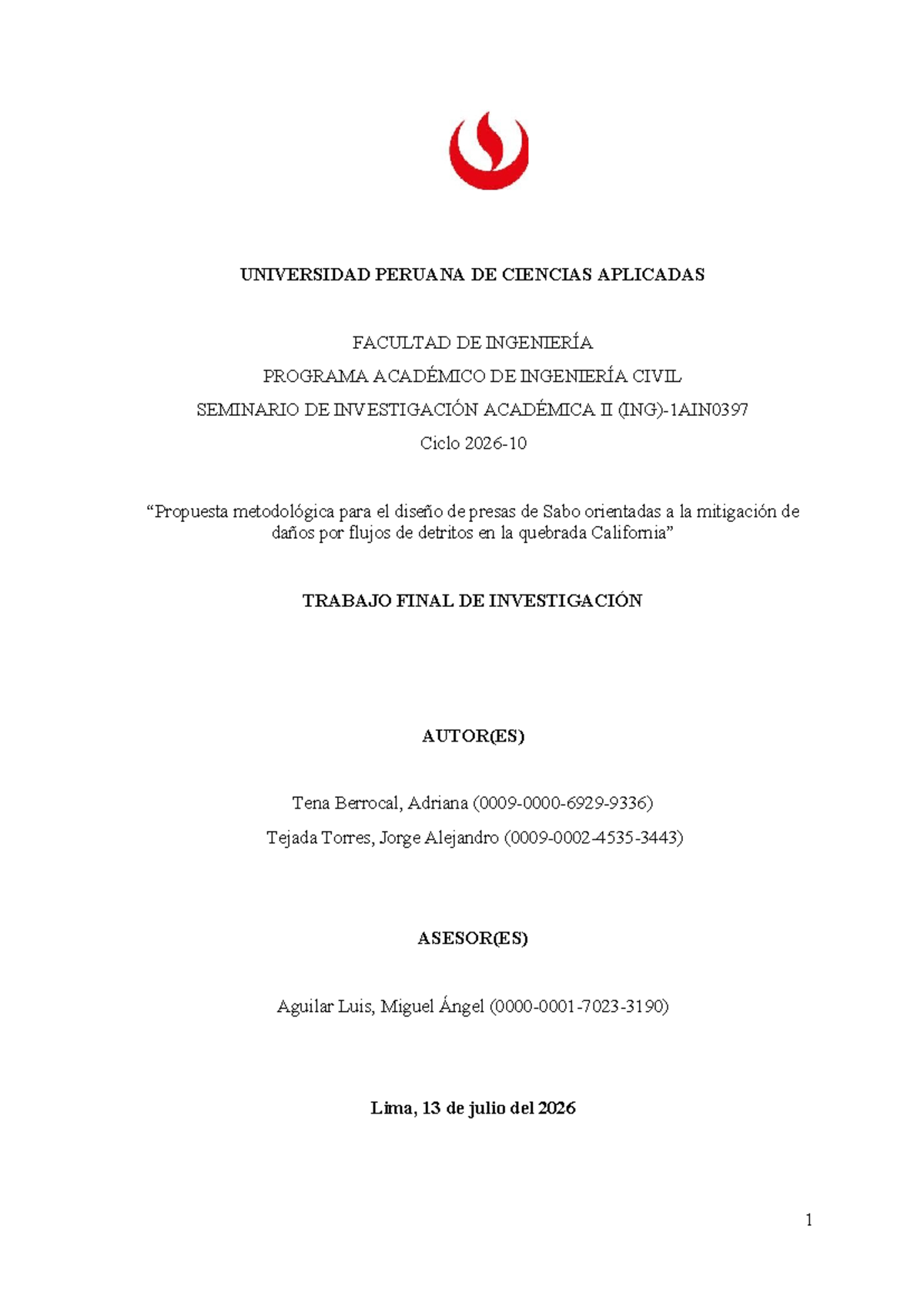 Metodología para el Diseño de Presas SABO en la Quebrada California - Trabajo - Document Preview