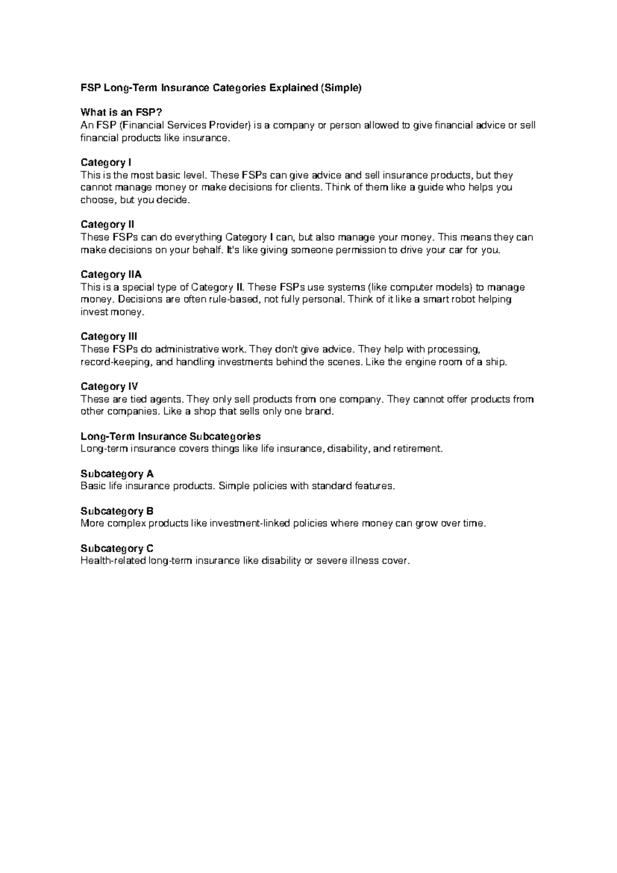 FSP Long Term Insurance Categories Explained: A Simple Guide - Studocu