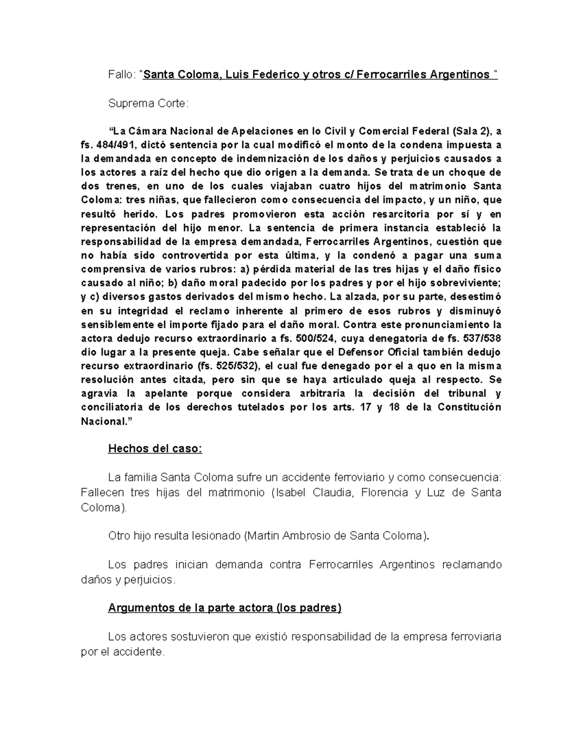 Fallo: Santa Coloma y Aquino - Indemnización y Responsabilidad Civil ...