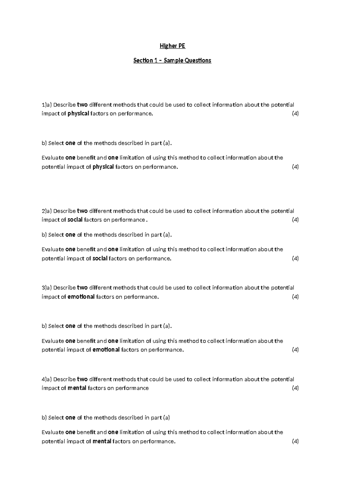Higher PE Sample Questions on Impact Factors and Performance Analysis ...