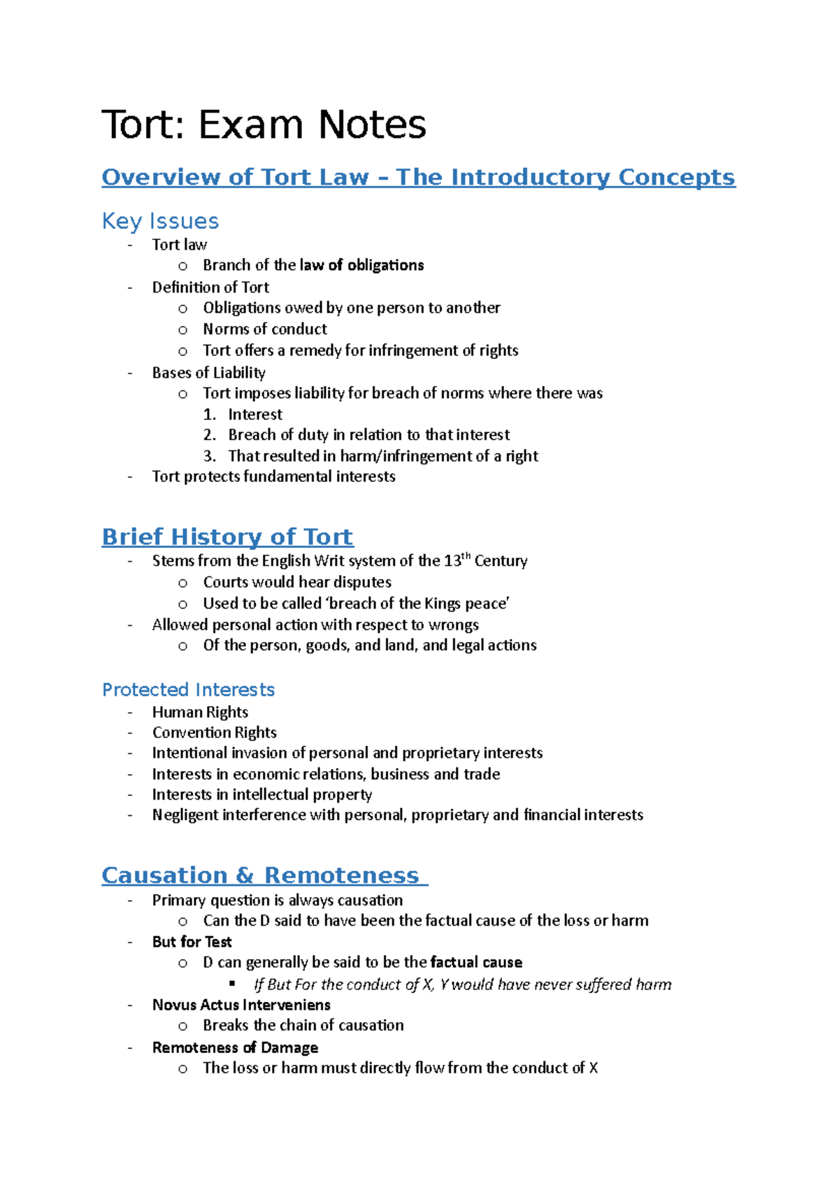 Tort Law Exam Notes Overview: Key Concepts & Liability Issues - Studocu