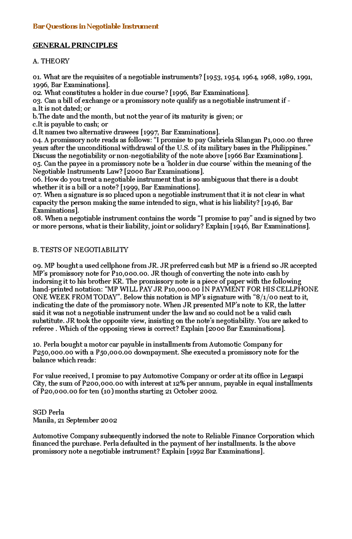 Bar Exam Questions on Negotiable Instruments Law (Final Exam) - Studocu