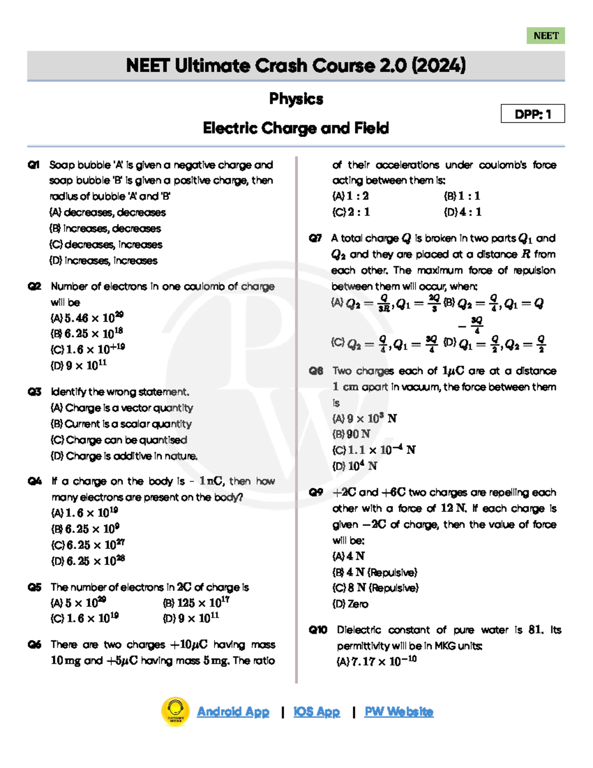 Electric Charges and Field NEET DPP 1 Insights and Solutions - Studocu