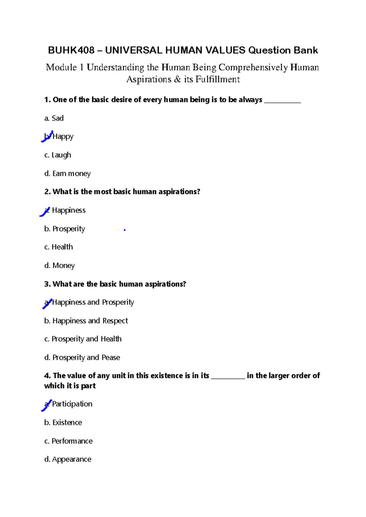 BUHK408 Universal Human Values Question Bank: Module 1 Insights - Studocu