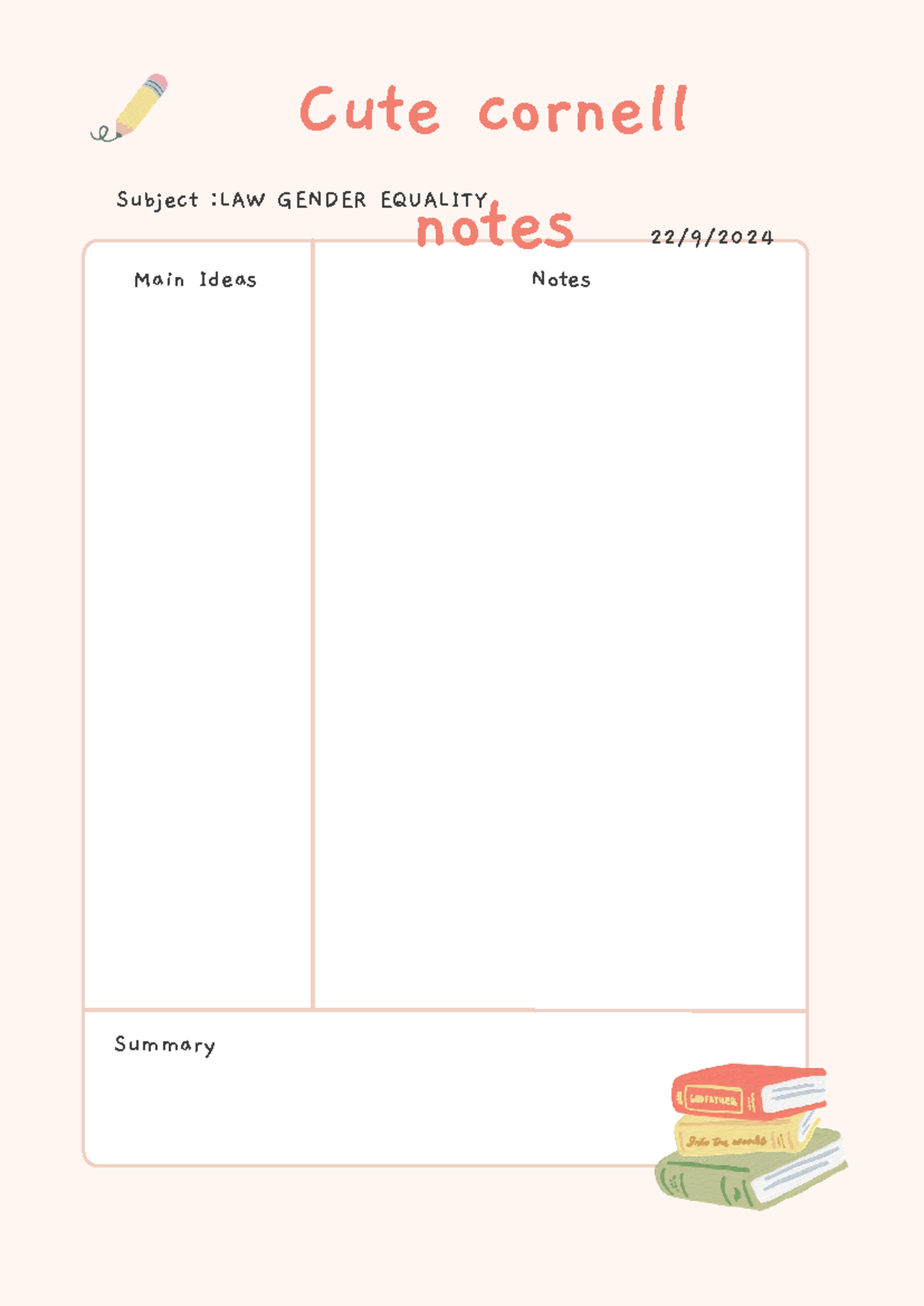 Cute Cornell Notes Template - Free random - Main Ideas Notes Summary ...