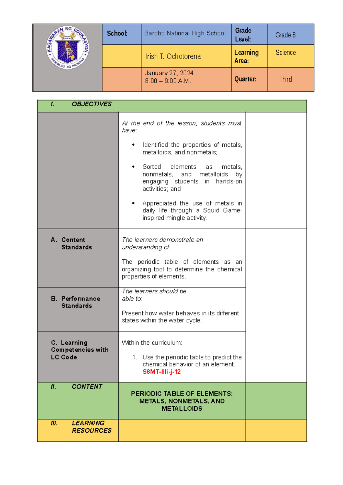 Lesson plan METAL NONMETAL AND METALLOIDS - I. OBJECTIVES At the end of ...