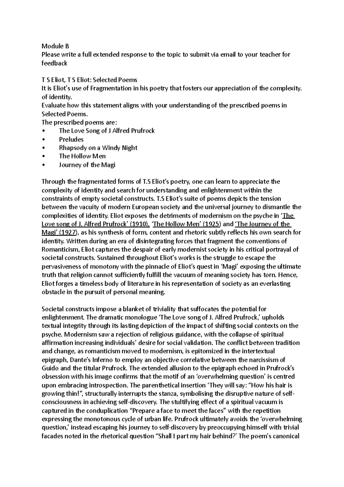 Module B Essay Analysis: Fragmentation in T.S. Eliot's Poetry - Studocu